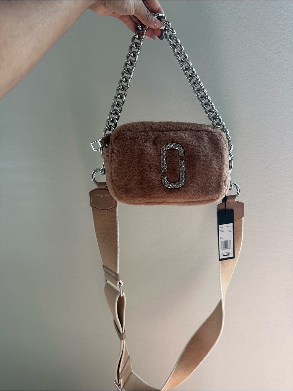 Marc Jacobs Plush Taupe Snapshot Crossbody Bag with Silver Chain